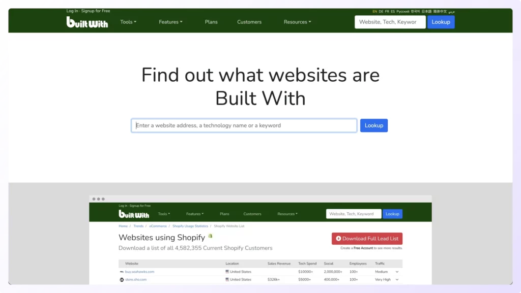 Builtwith- technology research tool helps to discover tools and frameworks
