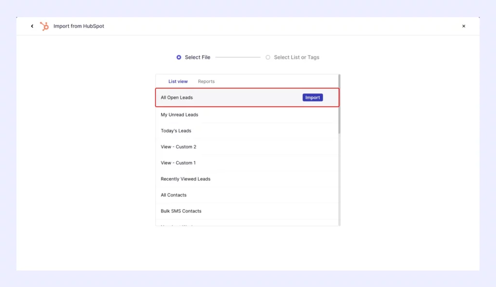 select list view to import into klenty