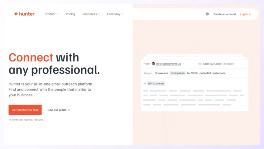 landing page of Hunter.io - an Email Extractor Software and can Verify Email Address