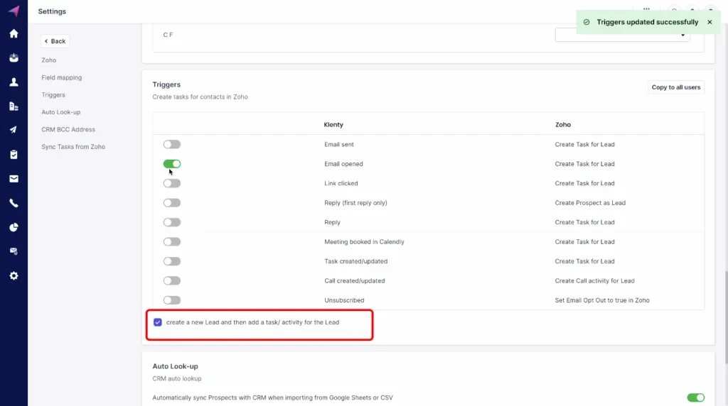 image guiding to click on Create a new lead and then set a task/activity for the lead