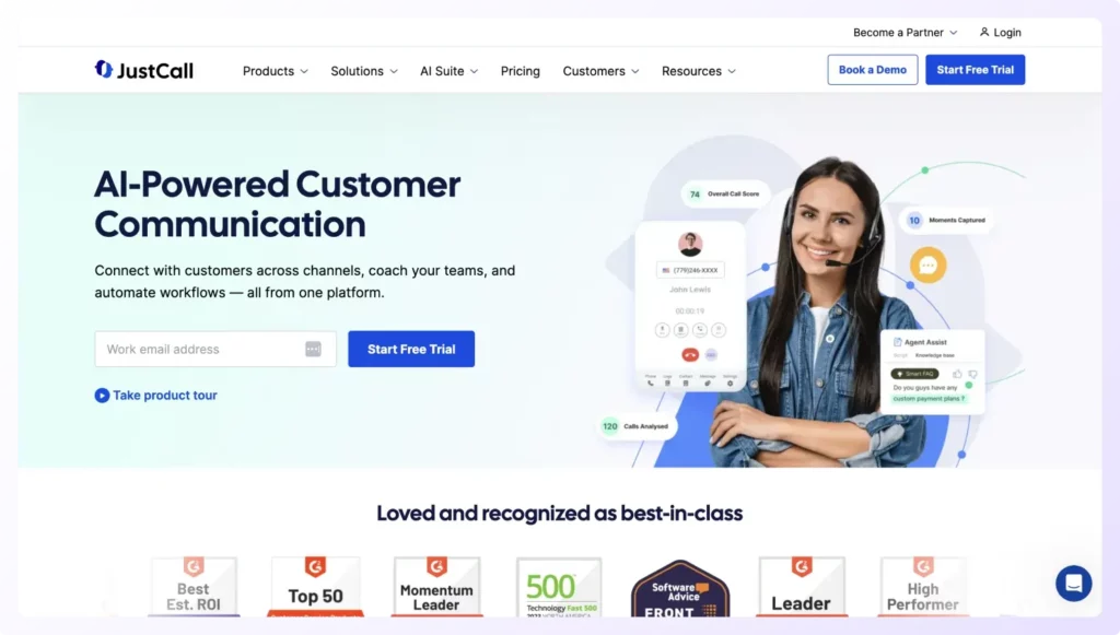 JustCall landing page
