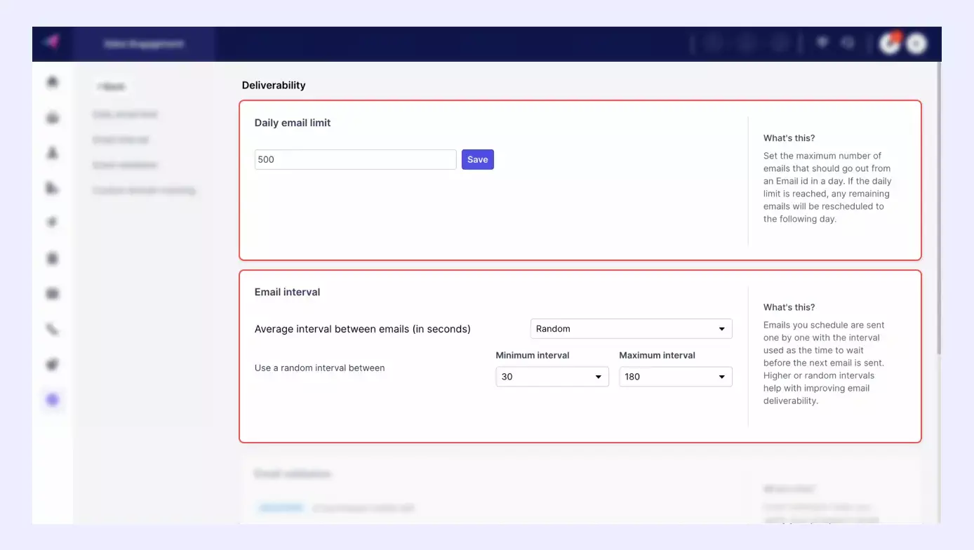 Screenshot of deliverability feature