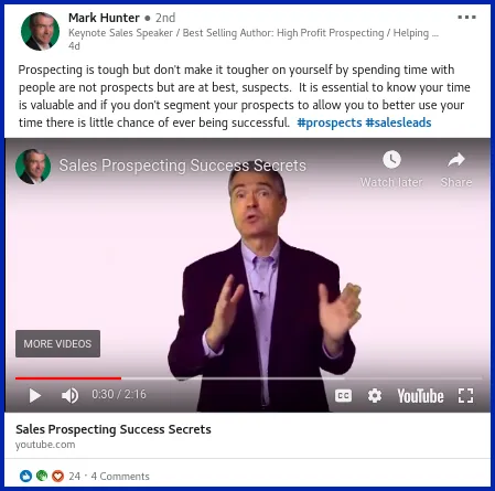 Screenshot of Mark Hunter's post