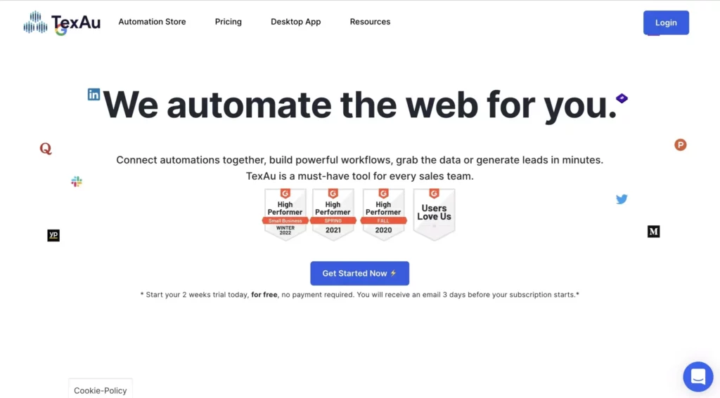 A screenshot of the LinkedIn automation tool, TexAu's landing page.